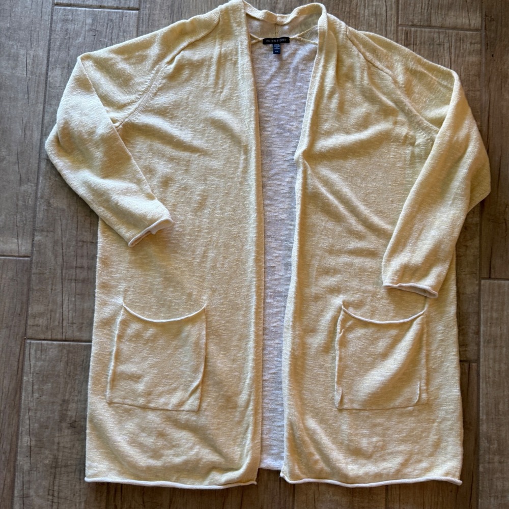 Eileen Fisher Womens Large Pale Yellow Open Front Longline Cardigan Knit Sweater